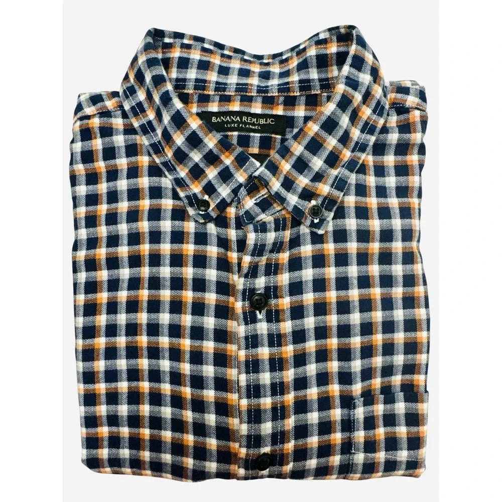 Banana Republic Luxe Flannel Slim Fit Plaid Shirt Men's Size Large Blue & Orange